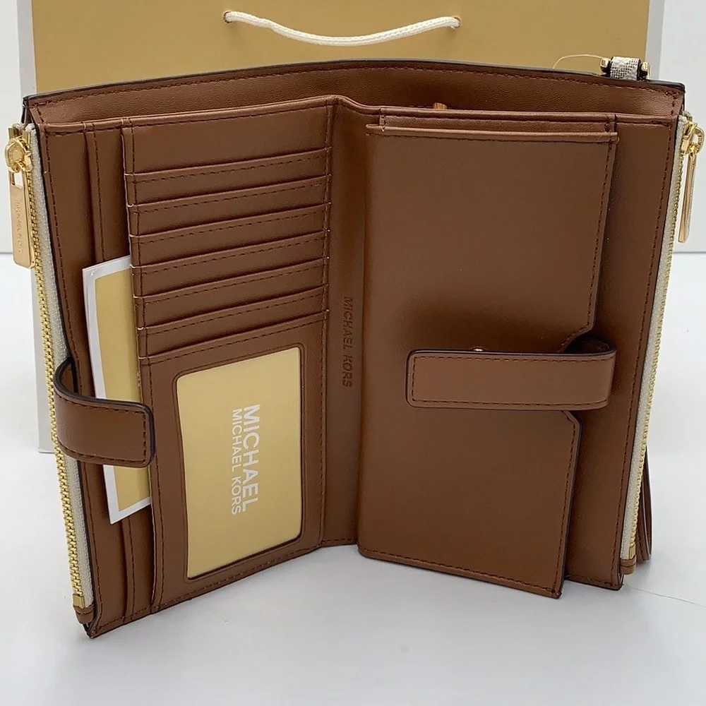 MICHAEL KORS LARGE DOUBLE ZIP WALLET WRISTLET COLOR: Vanilla LUGGAGE SI…